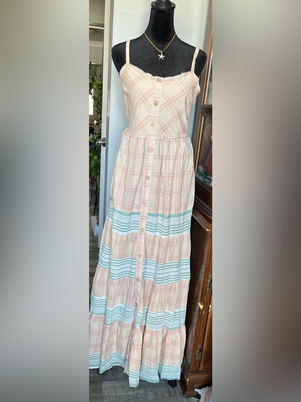 Button-Front Tiered Maxi Dress Skirt in Peach and Mint